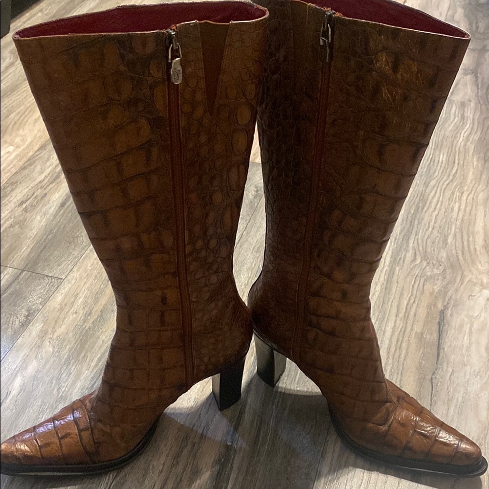 Donald J. Pliner Leather Tan Crocodile Heeled Boots - Picture 5 of 10